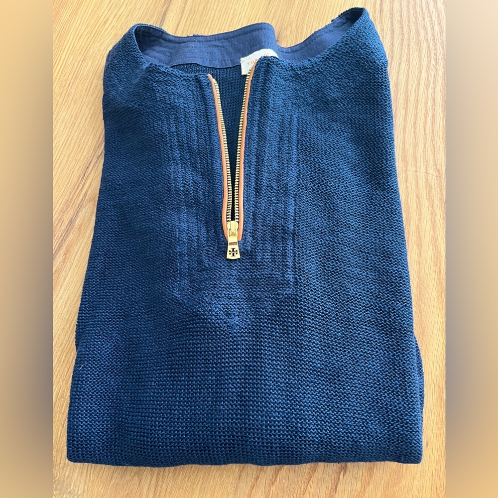 TORY BURCH NAVY LINEN 1/4 ZIP SWEATER, SIZE M.